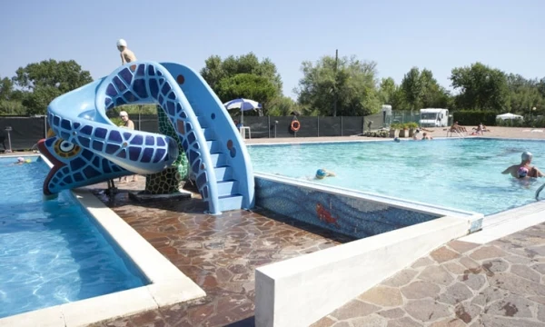 Children playing on a blue whale-shaped slide entering a swimming pool surrounded by trees and campers at Oasi