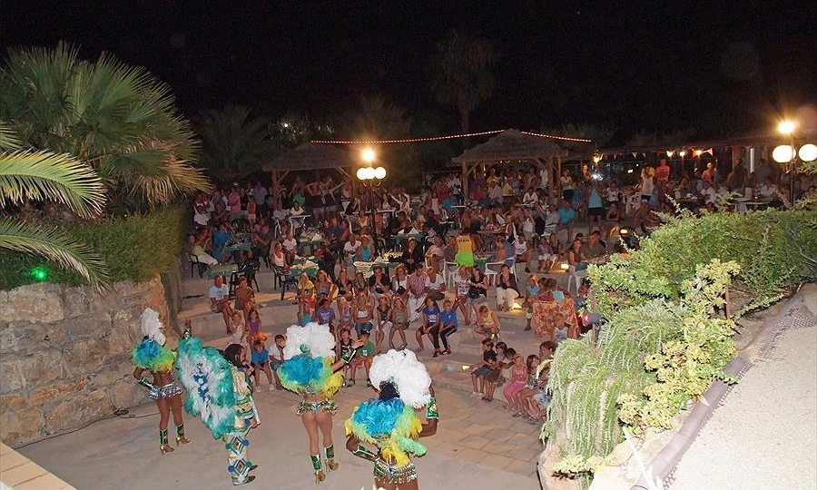 Performers dancing in colorful costumes at a crowded outdoor venue with onlookers seated, under night lights and foliage at Leï Suves