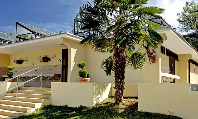 Yellow building with solar panels, surrounded by plants, featuring outdoor sinks and stairs leading to the entrance at Orsera