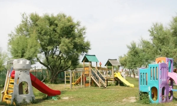 Playground structures situated on a grassy field with trees in the background at Oasi