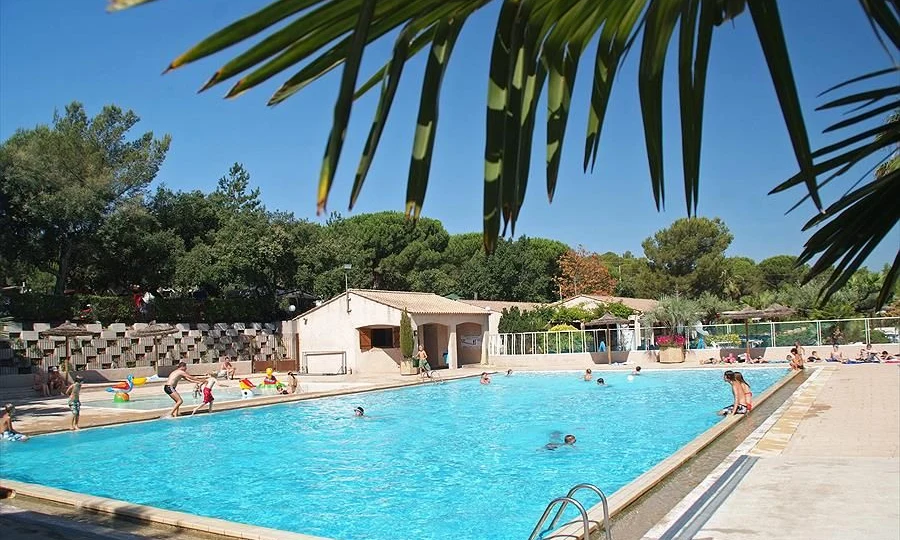 People swimming and relaxing in a large, outdoor pool, surrounded by trees and loungers, under clear blue sky at Leï Suves