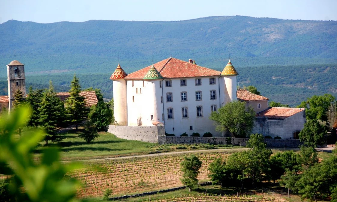 Large, white castle with colorful turrets stands amidst trees and vineyards, backed by rolling hills at de l'Aigle