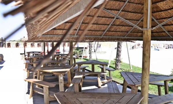 Wooden picnic tables positioned under a thatched-roof gazebo, shaded, surrounded by grassy open space and buildings in the distance at Oasi