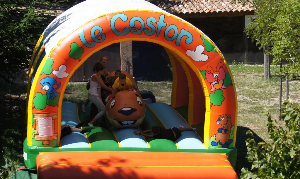 Children playing on an inflatable bouncy castle with cartoon decorations, outdoors near trees and a rustic building at de l'Aigle