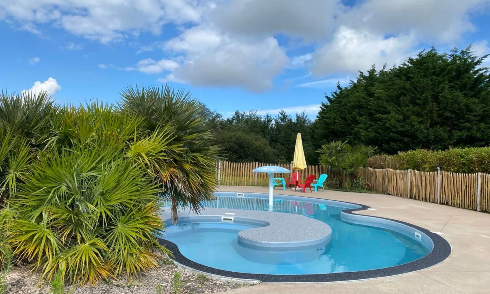 Curved pool, surrounded by palm trees, with colorful chairs and an umbrella nearby in a fenced area at Domaine de Mesqueau