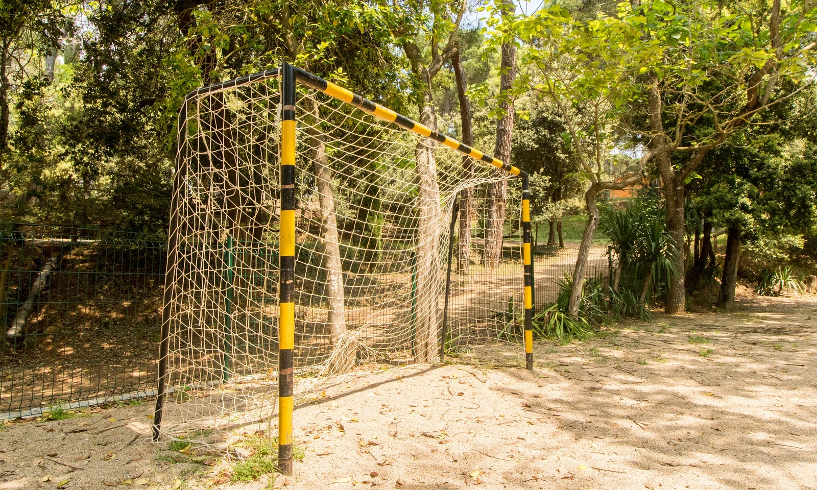 A yellow and black goalpost stands unused on a forest ground with trees in the background at Begur