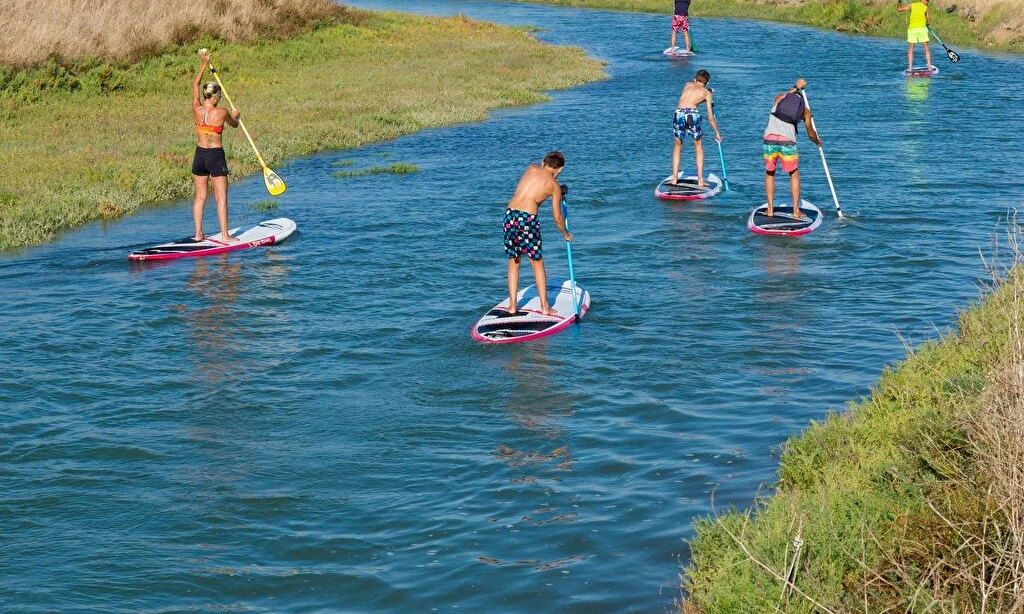 Several people paddleboarding on a narrow river surrounded by grassy banks at Seasonova Ile de Ré