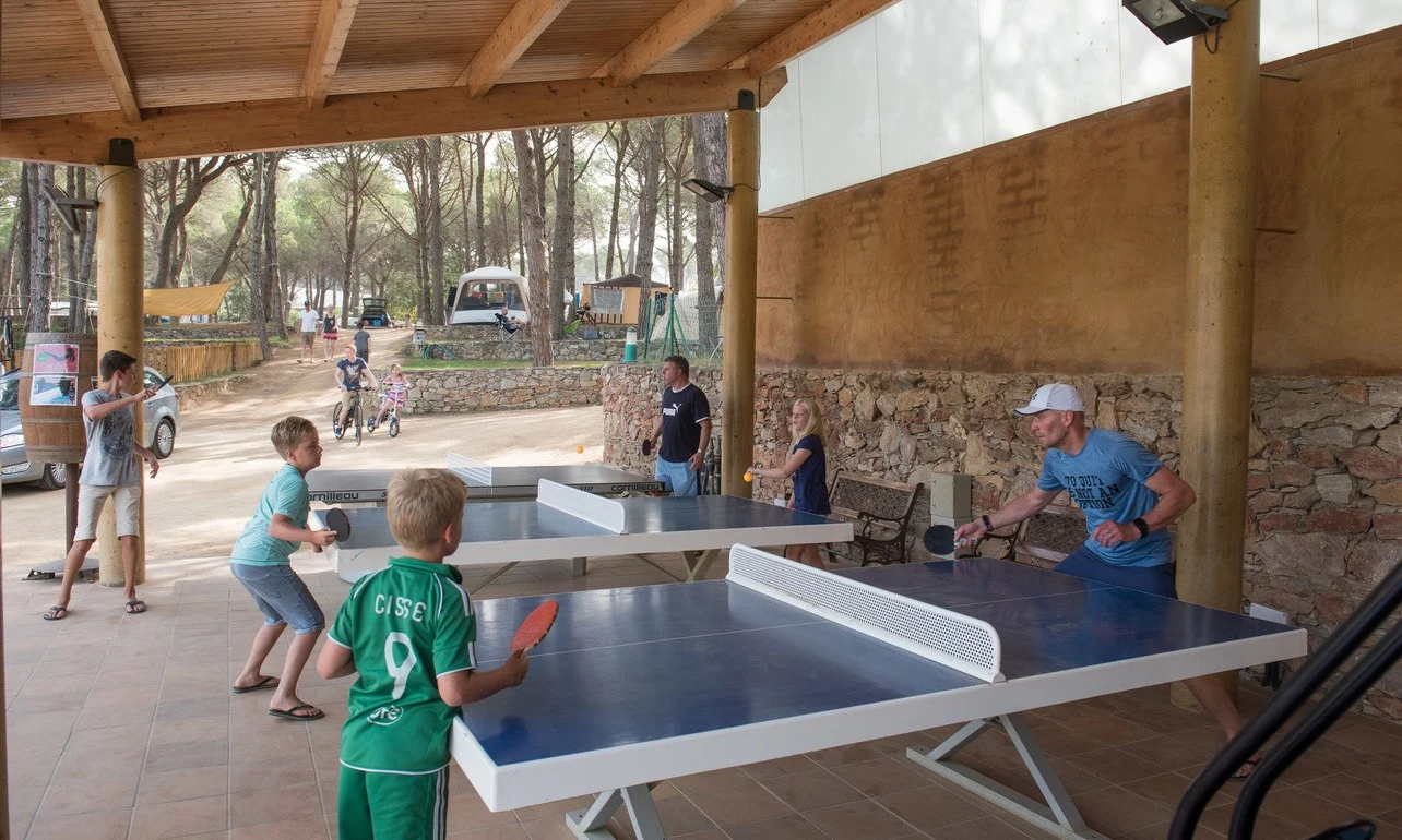 People playing table tennis under a wooden shelter amidst a forest setting with parked cars and cyclists nearby at Begur