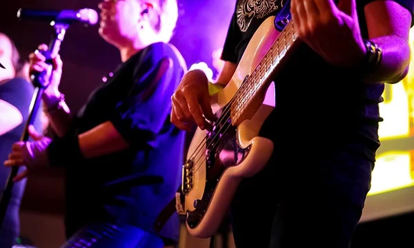 Musician playing electric bass guitar, another musician singing into a microphone, stage lights illuminating at Les Aventuriers de la Calypso