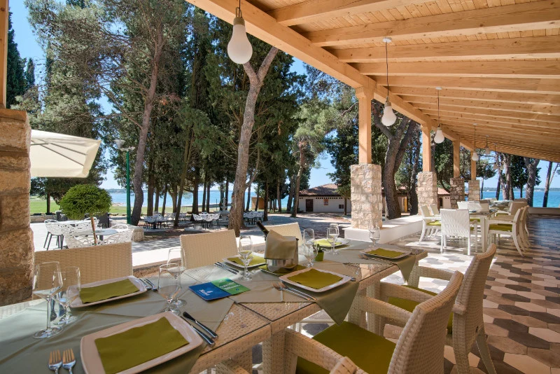 Dining tables are set under a wooden canopy, overlooking a forested area with a glimpse of the sea at Pineta