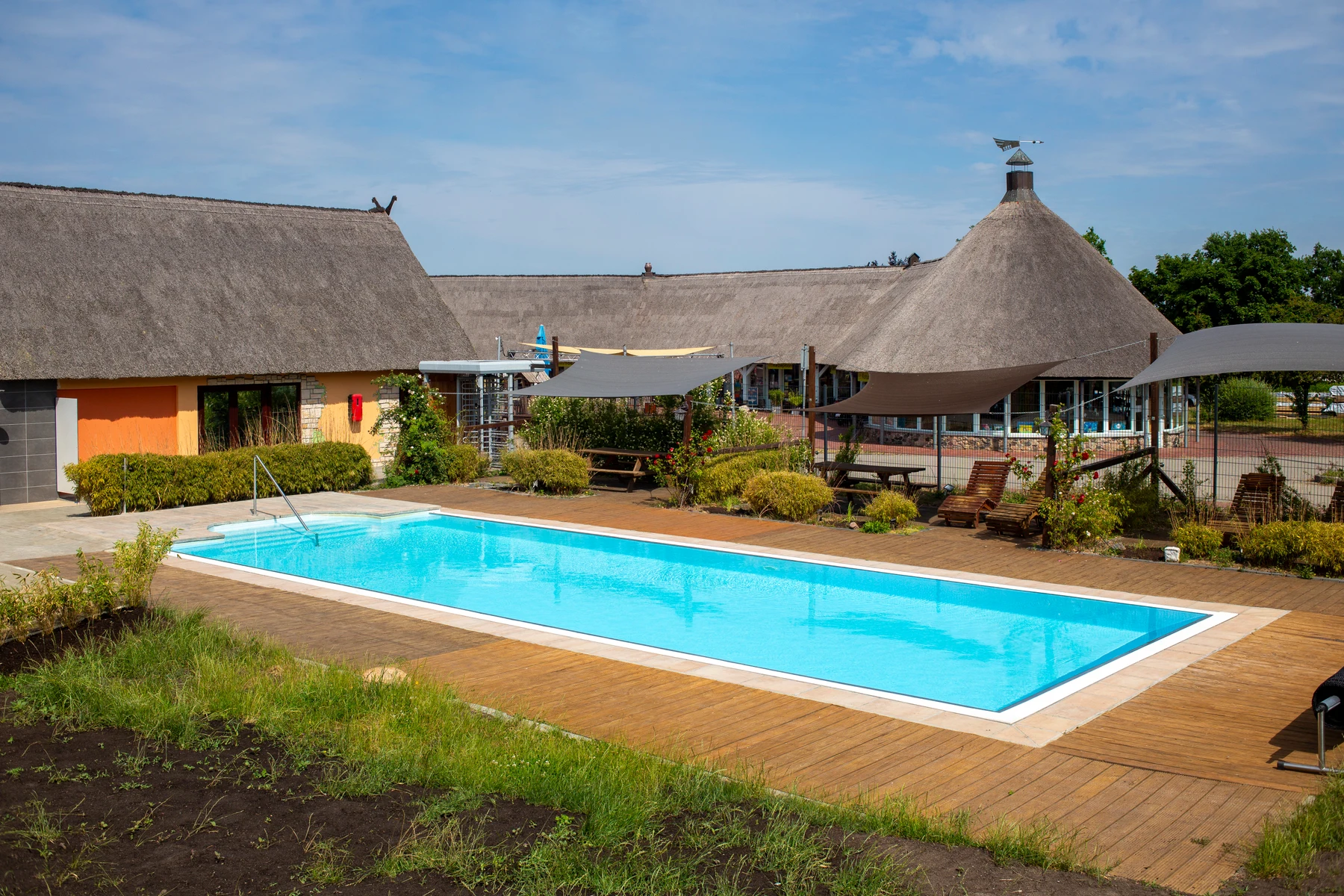Swimming pool with loungers surrounded by thatch-roofed buildings and bushes at Eurocamp Spreewaldtor