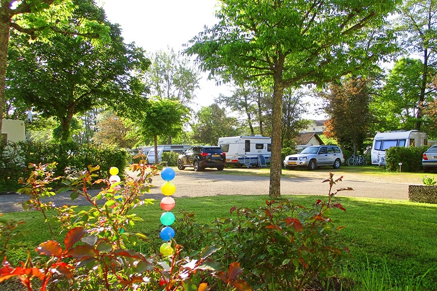 Cars and caravans parked among trees and grass, surrounded by flowers and pathways at Seasonova Vittel