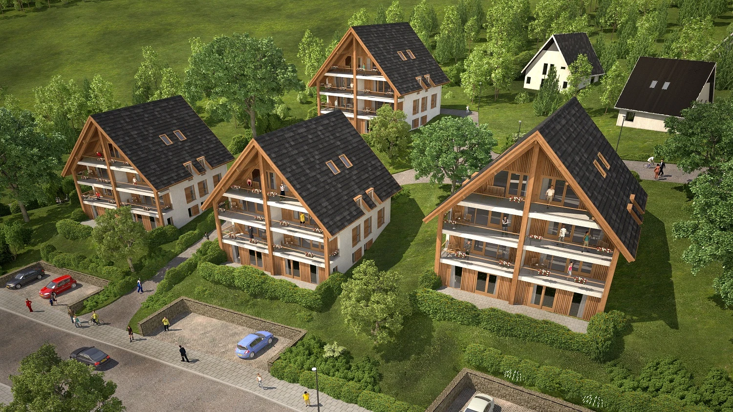 Chalet-style buildings with balconies surrounded by trees, greenery, and streets with parked cars, people walking and cycling at Bergresort Winterberg
