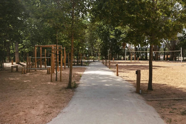 Playground equipment and volleyball net in a forested area beside a paved walkway at Wecamp Santa Cristina
