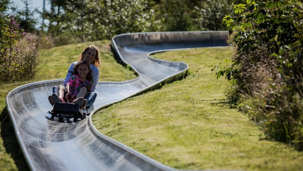 Two people riding a luge down a twisting metal track, surrounded by grassy and forested landscape at Bergresort Winterberg
