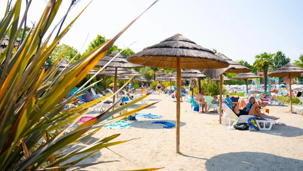 People relax on lounge chairs under straw umbrellas, surrounded by tropical plants at Bella Italia