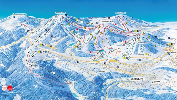 Map of a ski resort, highlighting various trails and amenities, with mountains in the background and Winterberg in the foreground at Bergresort Winterberg