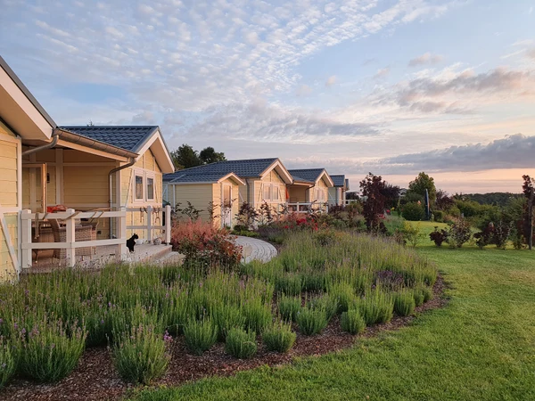 Row of yellow cabins with porches at sunset, amidst landscaped gardens, featuring grass and purple flowers at Brilon