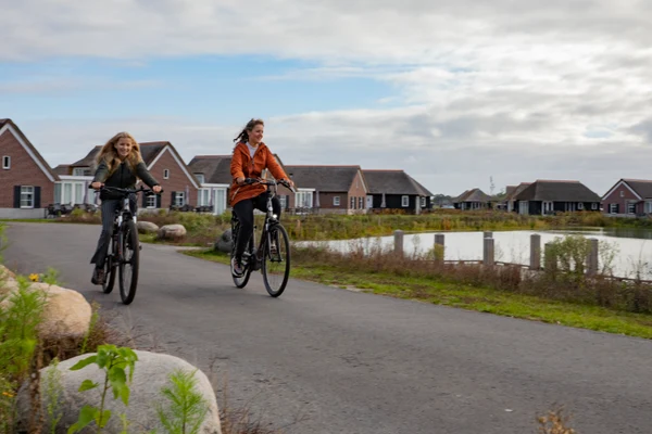 Two people ride bicycles along a paved path by a pond, with houses in the background at De Heihorsten