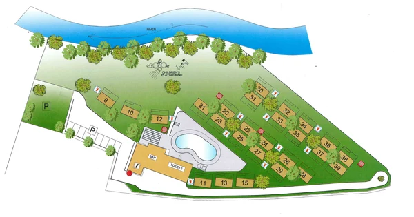Map shows camping site with pool and bar, surrounded by numbered pitches and trees alongside a river at Glamping II Borgo delle Arti