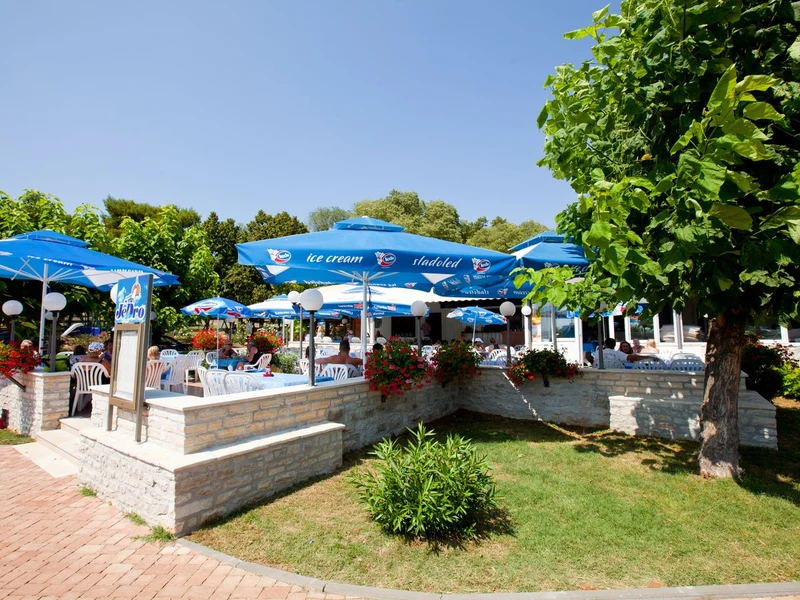Tables shaded by blue umbrellas, surrounded by greenery and brick paths, host people dining outdoors at Zelena Laguna