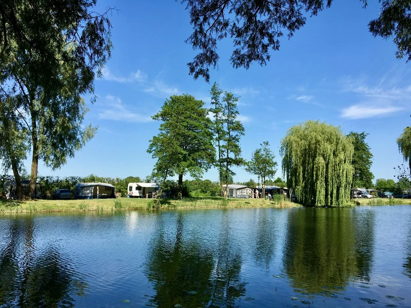 Campers are parked beside a serene lake surrounded by lush trees under a clear blue sky at Betuwe