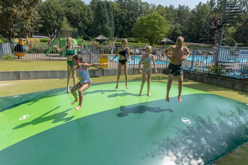 Children jumping on a green inflatable air cushion, surrounded by trees and a pool area at Hoeve de Schaaf