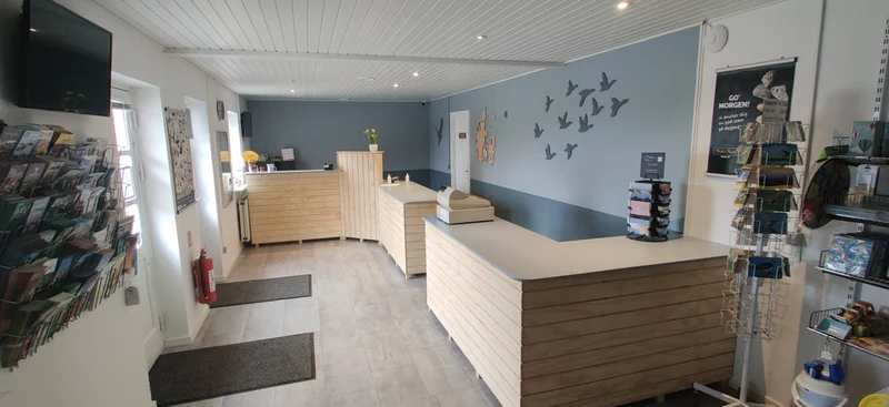 Reception desk with wooden counters in a brightly lit room, surrounded by brochures, postcards, and wall decorations at Ballum