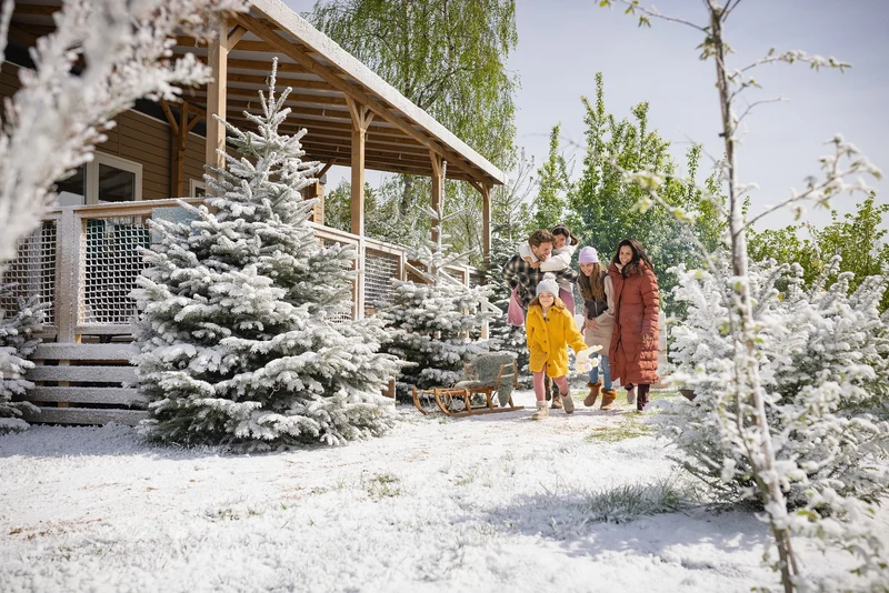 A family, walking near snow-covered trees, smiles and explores a snowy campsite area near a wooden cabin at Marvilla Parks Kaatsheuvel