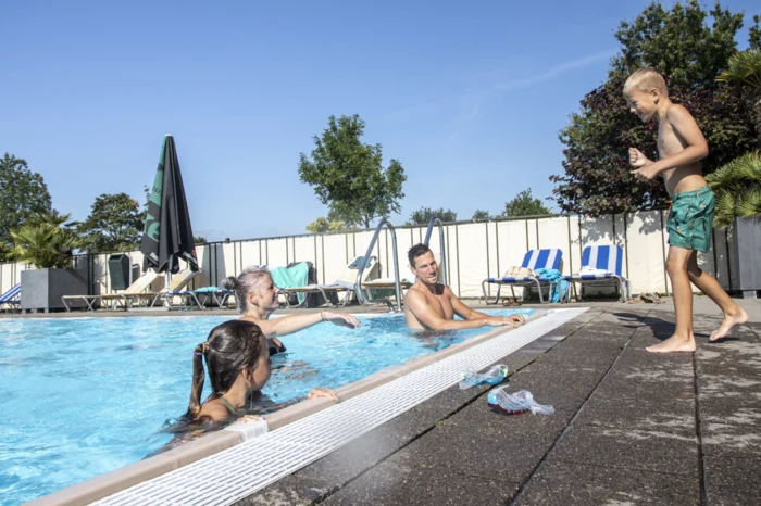 Family enjoying a swimming pool, with people swimming and a boy walking beside it, surrounded by lounge chairs at Camping de Molenhoek